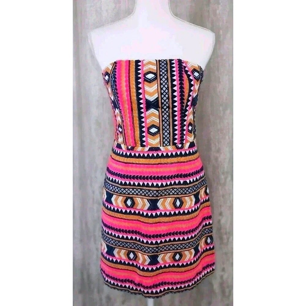 Alice & Trixie Angela George Strapless Tribal Geometric Mini Dress Pink Orange S